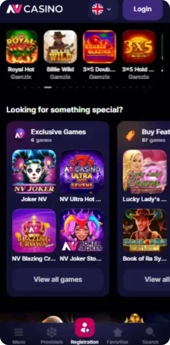 Sections Jeux exclusifs et Bonus Buy sur NV Casino avec les titres Joker NV et Blazing Crown