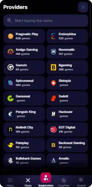 Liste des fournisseurs de jeux sur NV Casino, dont Pragmatic Play, Endorphina et Novomatic