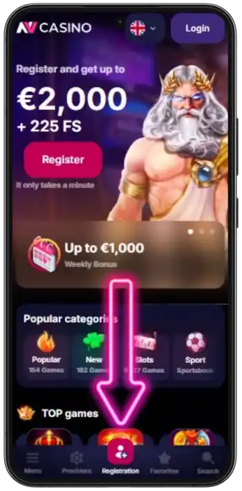 Page d'accueil mobile de NV Casino avec le bonus de bienvenue jusqu'à 2 000 € et 225 tours gratuits