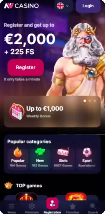 Page d'accueil mobile de NV Casino avec le bonus de bienvenue jusqu'à 2 000 € et 225 tours gratuits