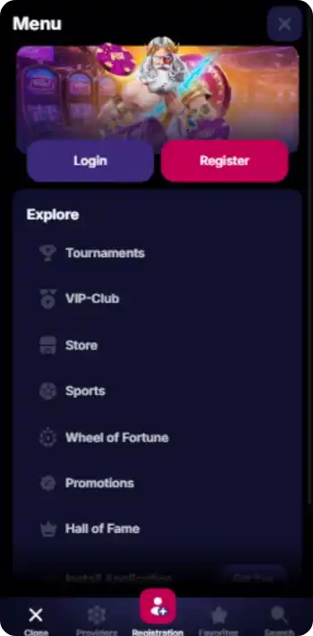 Menu mobile de NV Casino avec les sections Tournois, VIP-Club, Sports et Promotions
