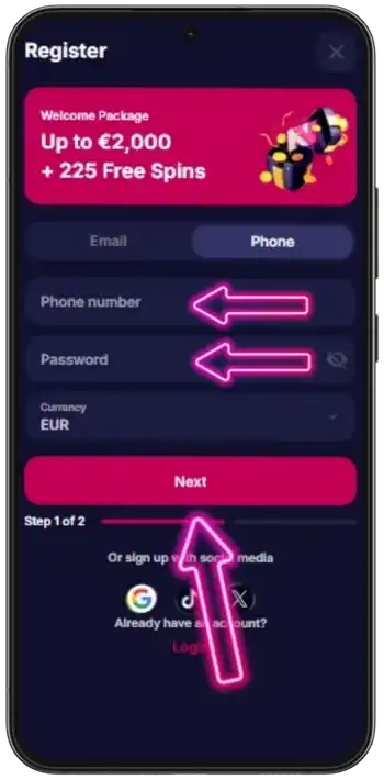 Formulaire d'inscription NV Casino avec les onglets e-mail et numéro de téléphone