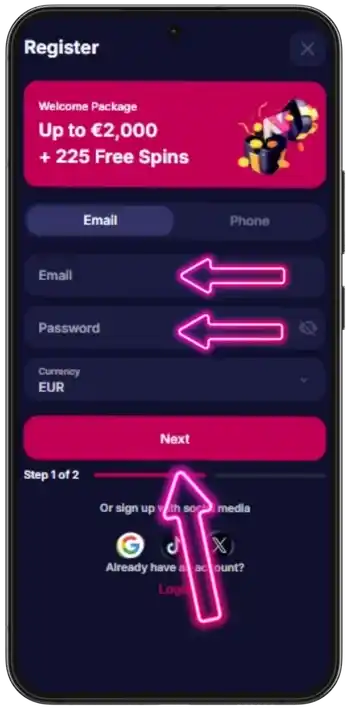 Formulaire d'inscription NV Casino avec les champs e-mail, mot de passe et devise EUR