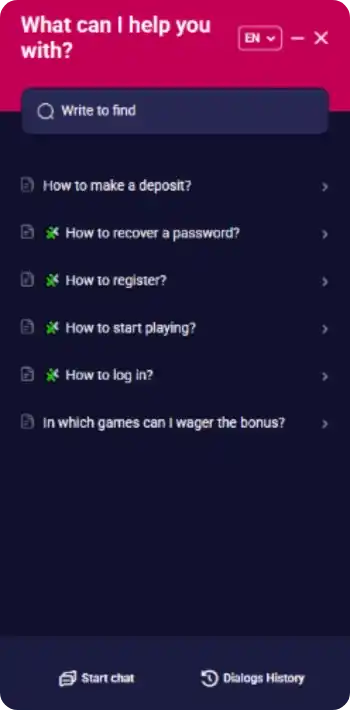 Chat d'assistance de NV Casino avec les questions fréquentes sur le dépôt, l'inscription et la connexion